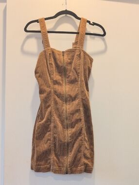 Corduroy Zip-Front Mini Dress in Camel